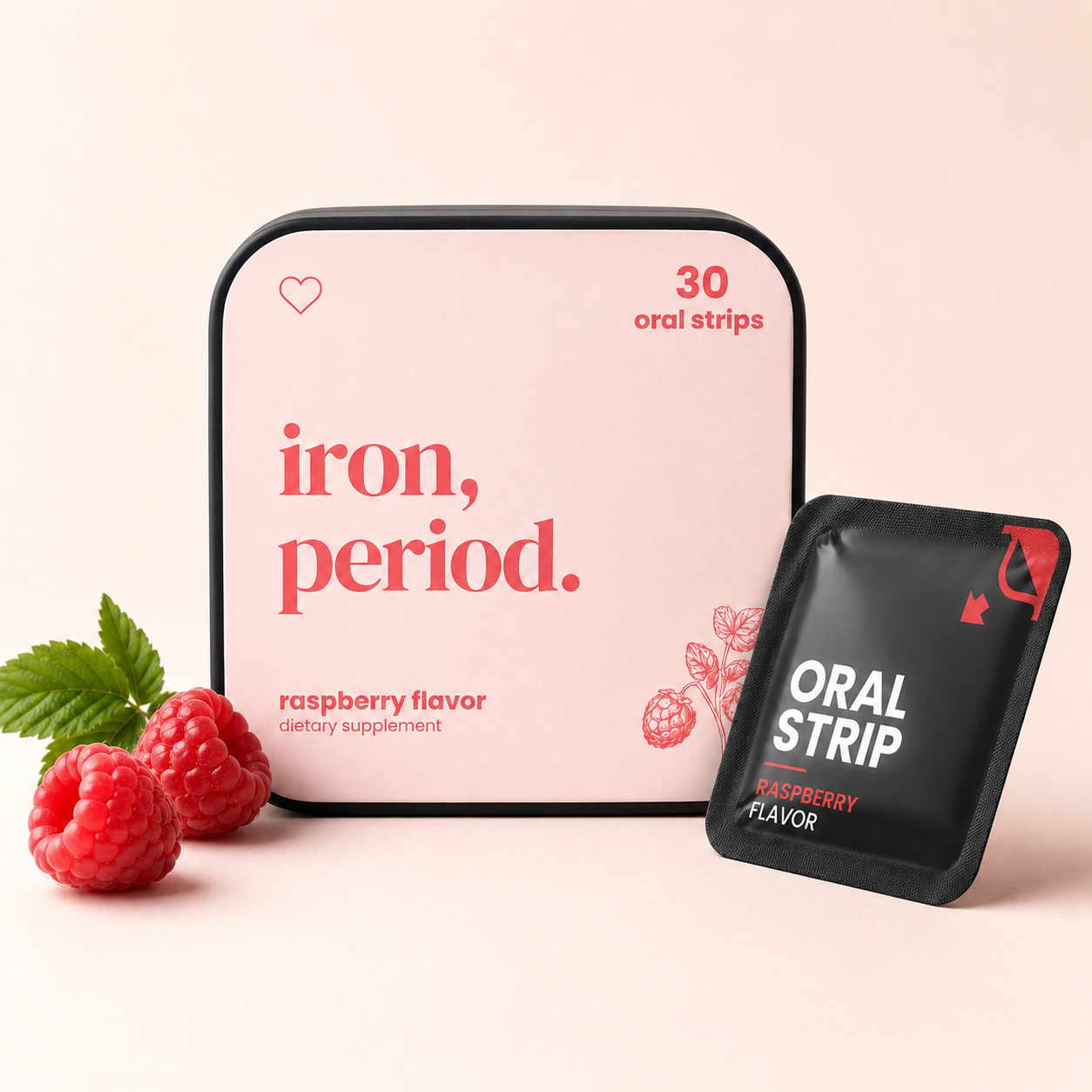 iron, period. raspberry oral strips
